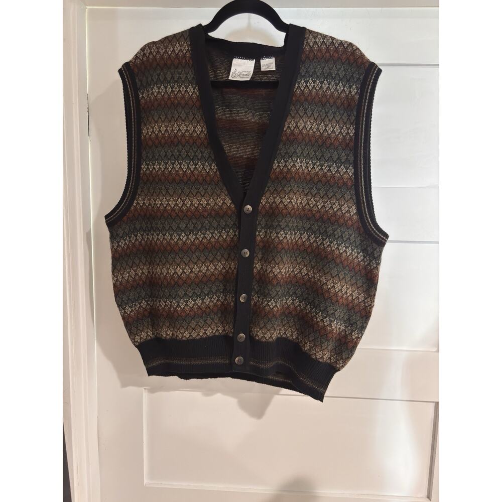 VTG Maglificio Florence Sweater Vest Men XL Brown Cardigan Wool Herrinbone Italy